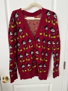 Vintage Disney Park Mickey Mouse Button Long Red Vneck Cardigan Sweater S